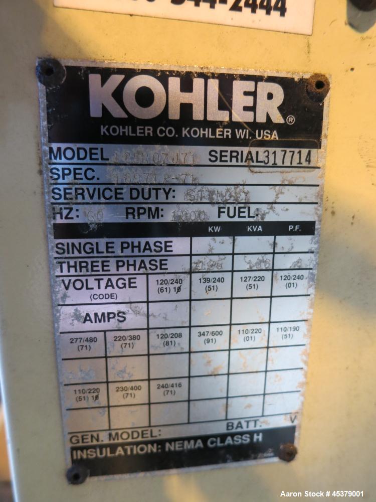 Used Kohler 125kW Standby Diesel Generator Set, Model 125R0ZJ71