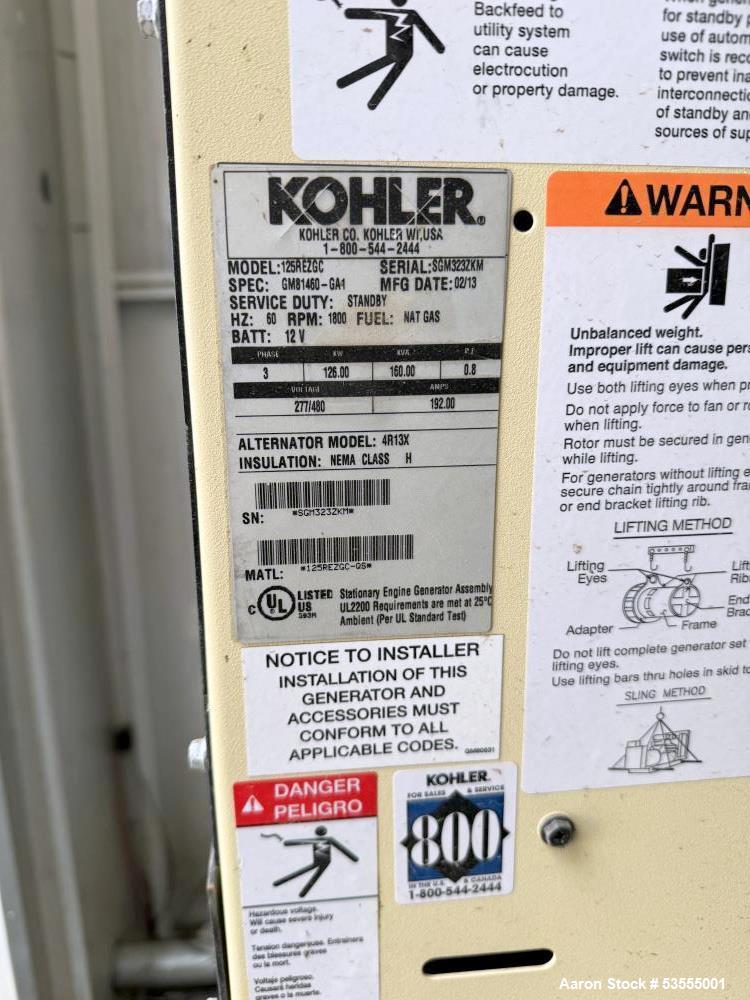 Kohler Standby Natural Gas Generator, Model 125REZGC.