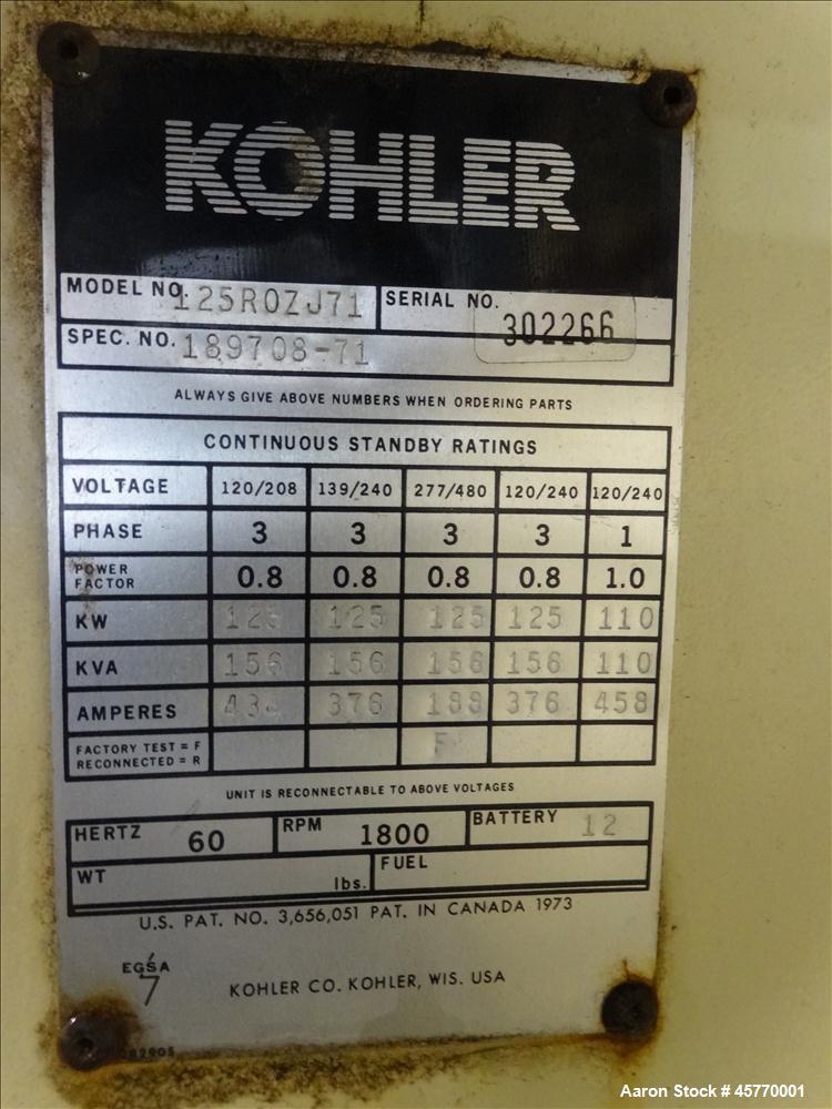Used Kohler 125 kW standby diesel generator set