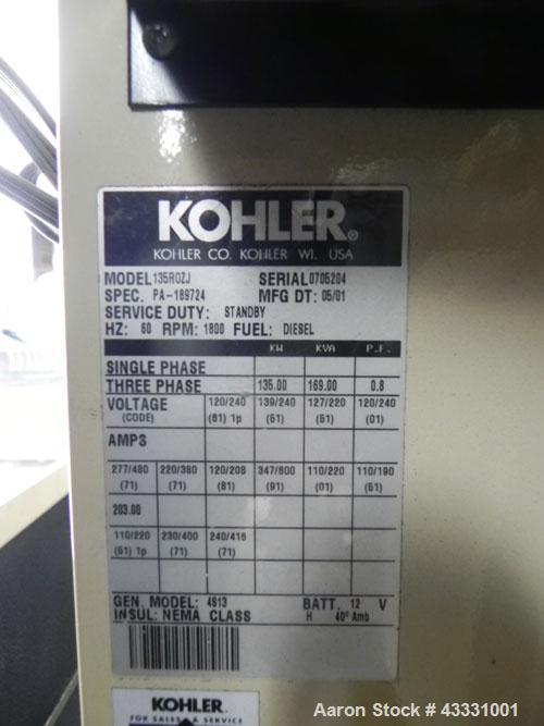 Used Kohler 135 kW diesel generator set. Kohler model 135ROZJ, SN-705204. John Deere model 6081TF001 4-cycle engine rated 211 HP @ 1800 RPM SN-RG6081T135521. 3/60/277-480V 12 lead re-connectable. 225...