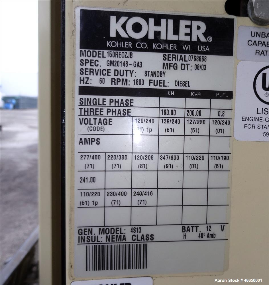 Used Kohler 160 kW standby (145 kW prime) diesel generator set, model 150REOJ