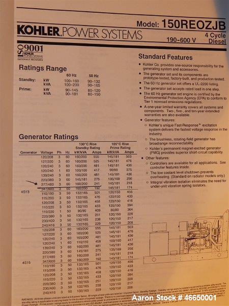 Used Kohler 160 kW standby (145 kW prime) diesel generator set, model 150REOJ