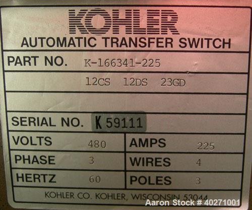 Used - Kohler 150 kW diesel generator set, model 150ROZJ81, spec PA-189821-81, 3/60/277-480V. Kohler 460V auto transfer switch, Pryco 24" x 48" x 48" fuel tank, all mounted in Atkinson sound attenuat...