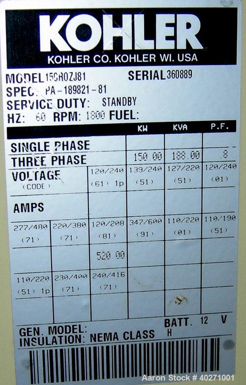 Used - Kohler 150 kW diesel generator set, model 150ROZJ81, spec PA-189821-81, 3/60/277-480V. Kohler 460V auto transfer switch, Pryco 24" x 48" x 48" fuel tank, all mounted in Atkinson sound attenuat...