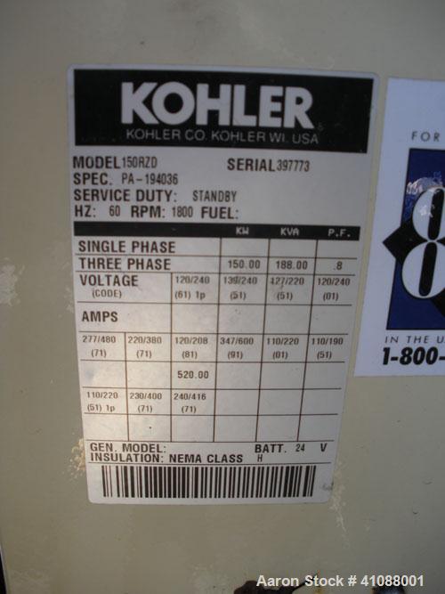 Used Kohler 150 kW Natural Gas Generator Set, 3/60/277-480V model 150RZD, Spec PA-194036. 376 hours, weather enclosure. SN-397773.Load bank tested 2/23/09