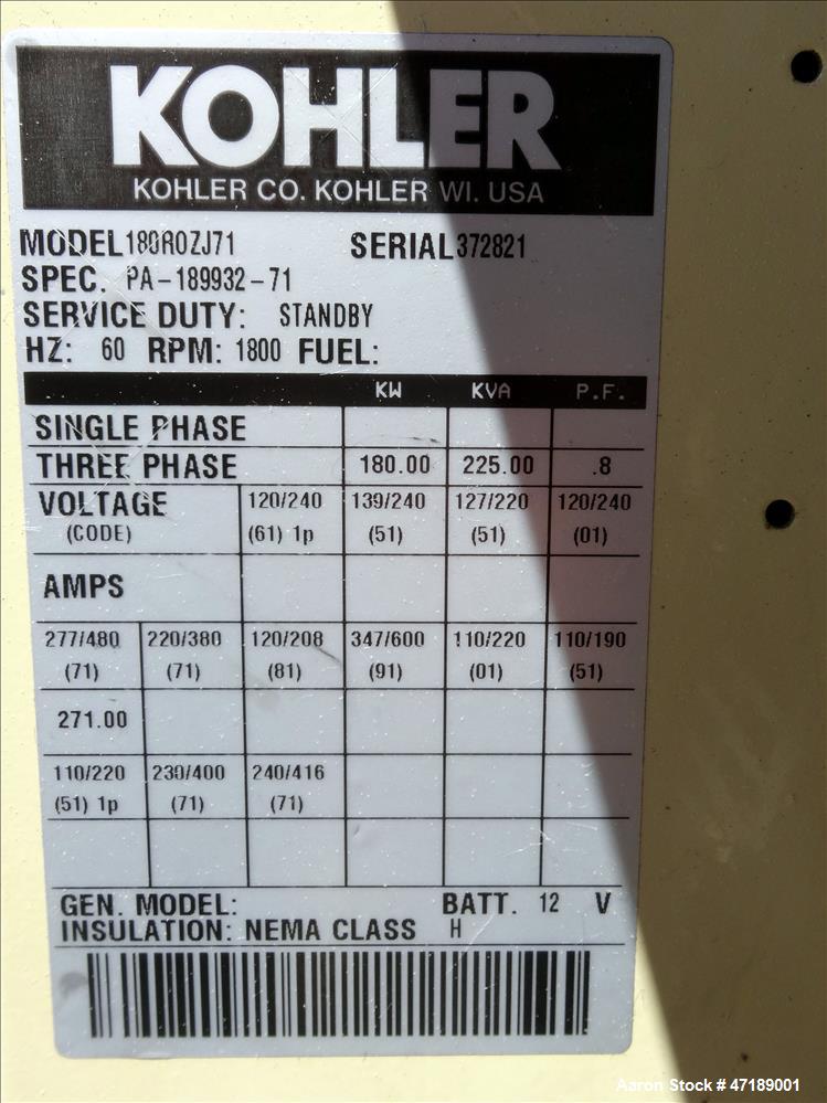 Used Kohler 180 kW diesel generator model 180R0ZJ71, John Deere 6076AF011 engin