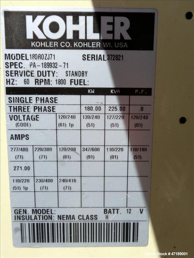 Used- Kohler 180 kW diesel generator model 180R0ZJ71, John Deere 6076AF011 engin