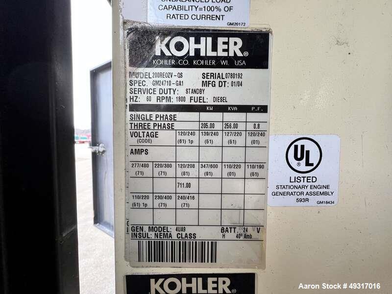Used Kohler 205 kW Standby (185 kW Prime) Diesel Generator Set