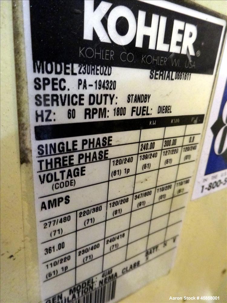 Used Kohler 240 kW standby (215 kW prime) diesel generator set, model 230REOZD