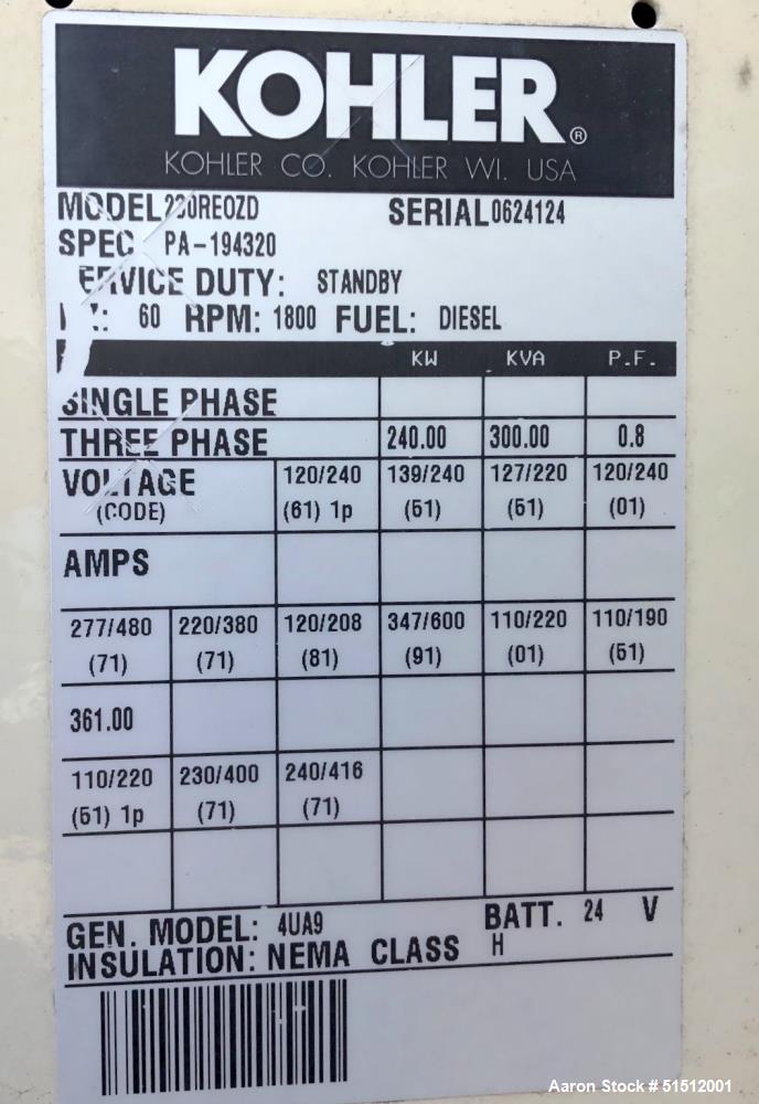 Kohler 240 kW Standby (215 kW prime) Diesel Generator Set