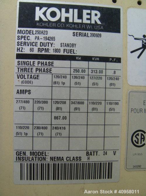 Used Kohler 250 kW Natural Gas Generator Set, Kohler model 250RDZ, cat #PA-194265. 3/60/277-480V, Class H. Detroit natural gas engine rated 415 hp @ 1800 rpm, model 6063GKG5, spec A-343335, 12 lead r...