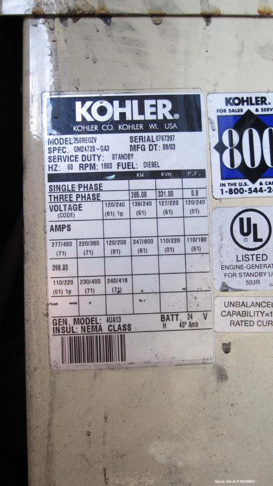 Used Kohler 265kW standby (240kW prime) diesel generator set, model 250REOZV SN 767397, Volvo TAD1031GE engine rated 400 HP @ 1800 RPM, emissions EPA tier 2, SN-2100326667. 3/60/277/480V. 400 Amp mai...