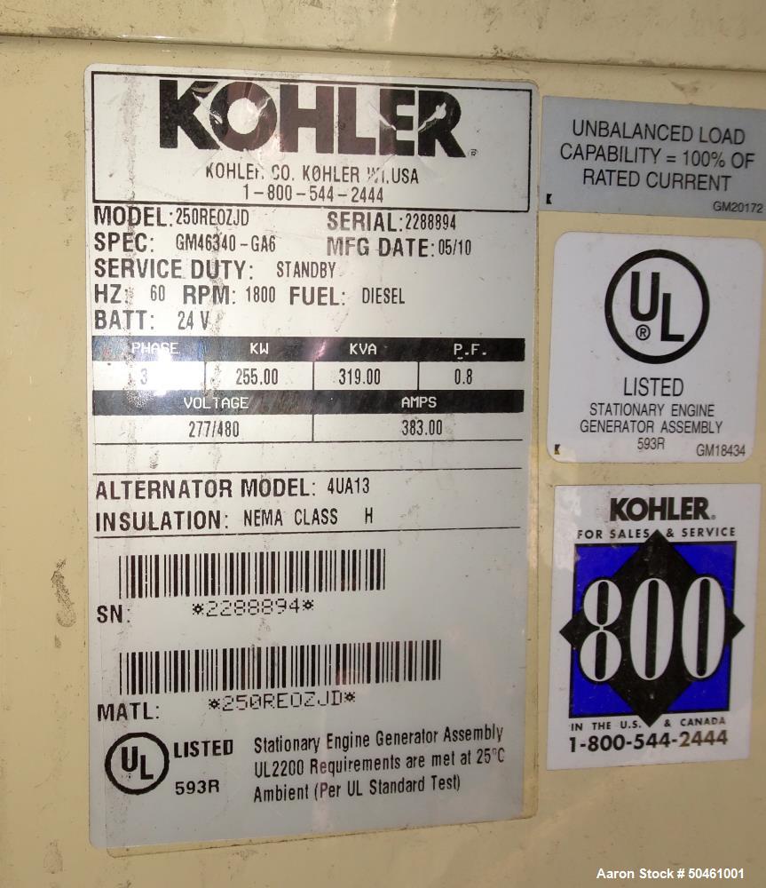 Used- Kohler 255 kW Standby Diesel Generator Set, Model 250REOZJD, SN-2288894.