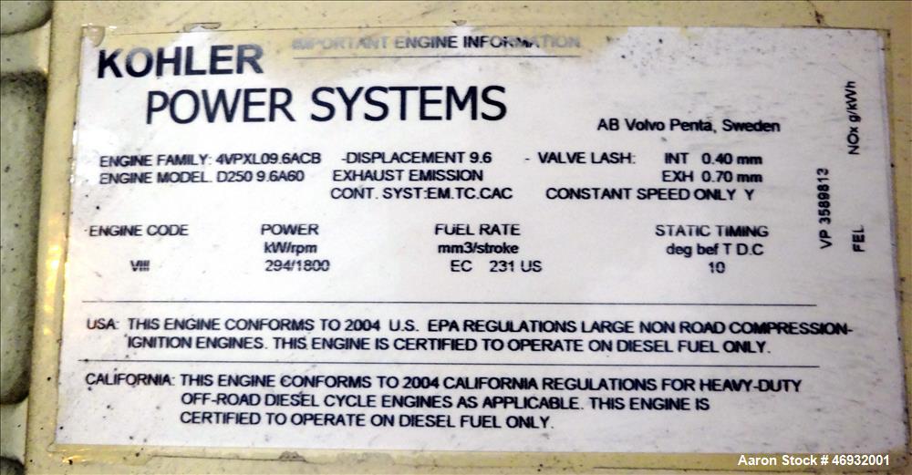 Used Kohler 265 kW  diesel generator model 250REOZV. Volvo TAD1031GE engine