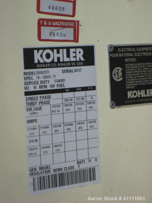 Used-Kohler 250 kW Fast Response II Diesel Generator Set, model 250ROZD71. 3/60/277/480V. Sound attenuated enclosure. 34 hou...