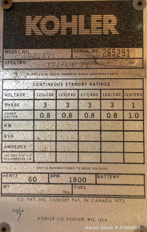 Used Kohler 250 kW Diesel Genset. Kohler model 250ROZD71, serial #265291. Detroit 6V-92TA, turbocharged aftercooled engine rated 415 hp at 1800 rpm. 120/208V, 12 lead reconnectable to 480V and 120/24...