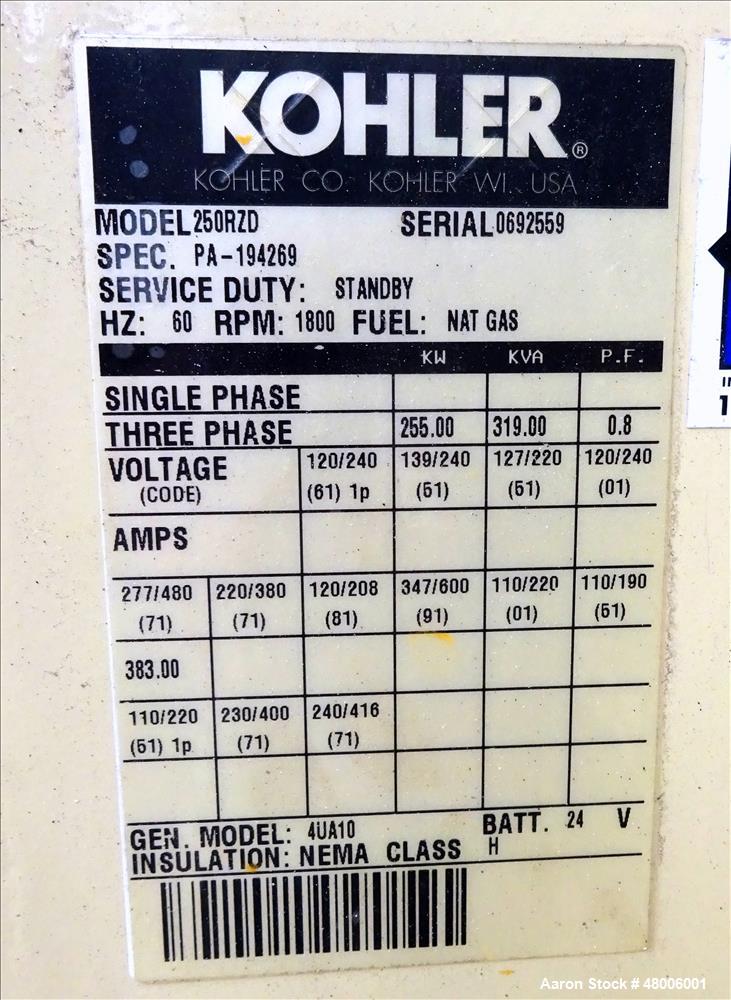 Used Kohler 255 kW  natural gas generator model 250RZD, Detroit Diesel S60G eng