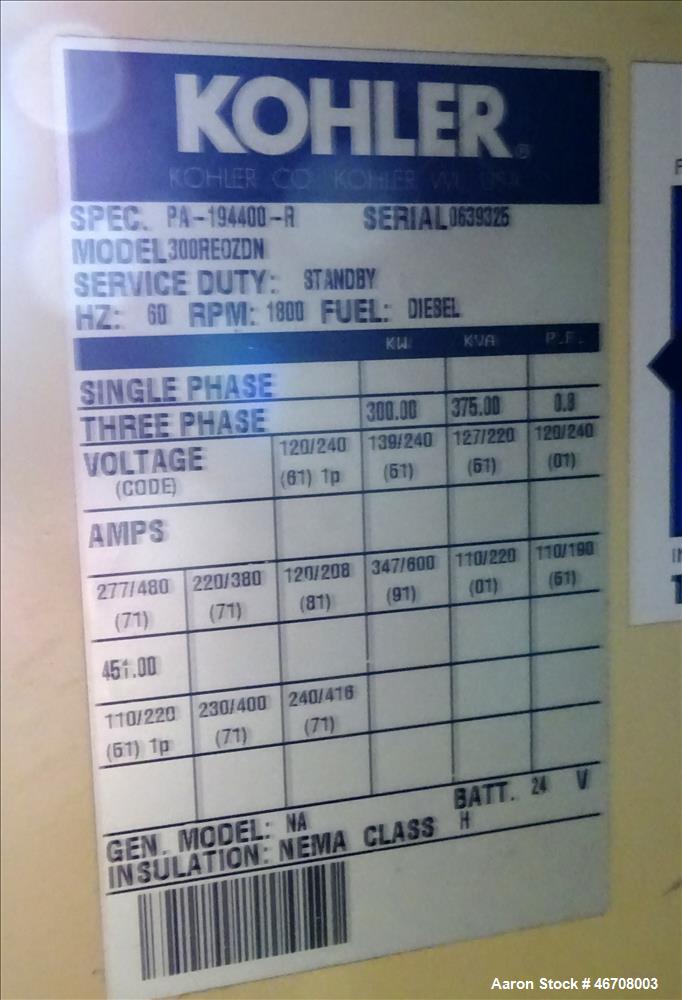 Used Kohler 300 kW Standby Rental Grade Diesel Generator Model 300REOZDN