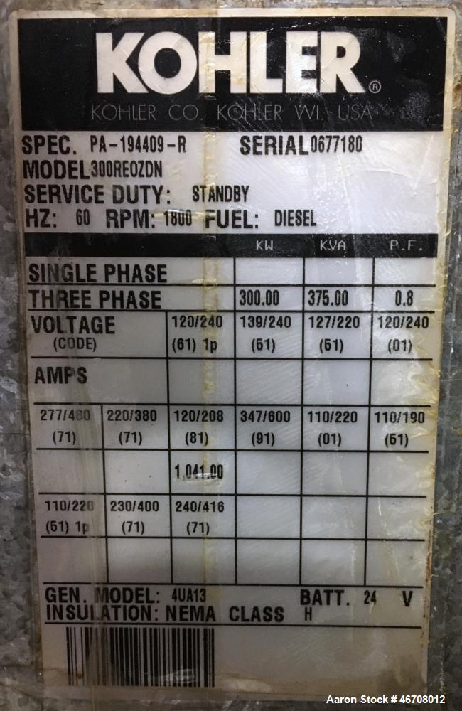 Used Kohler 300 kW standby (280 kW prime) diesel generator set, Model 300REOZDN