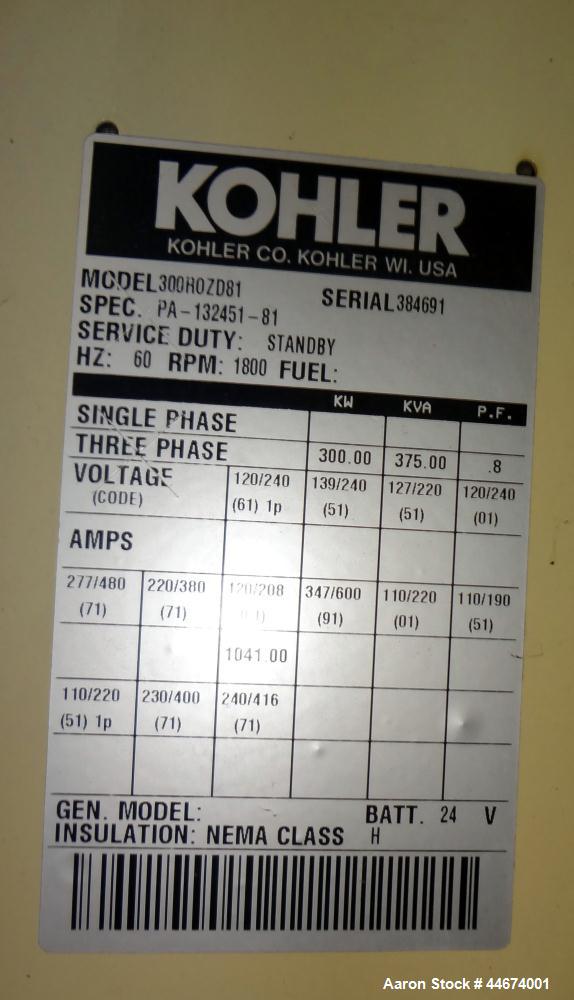Used Kohler 300 kW standby diesel generator set, model 300ROZD81 SN-384691. Detroit Diesel 6V-92TA engine rated 474 HP @ 1800 RPM, SN-06VF216877. 3/60/120/208V, 12-lead reconnectable to other voltage...