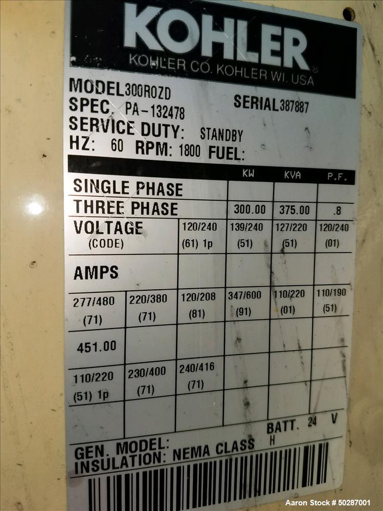 Used Kohler 300 kW Standby Diesel Generator Set