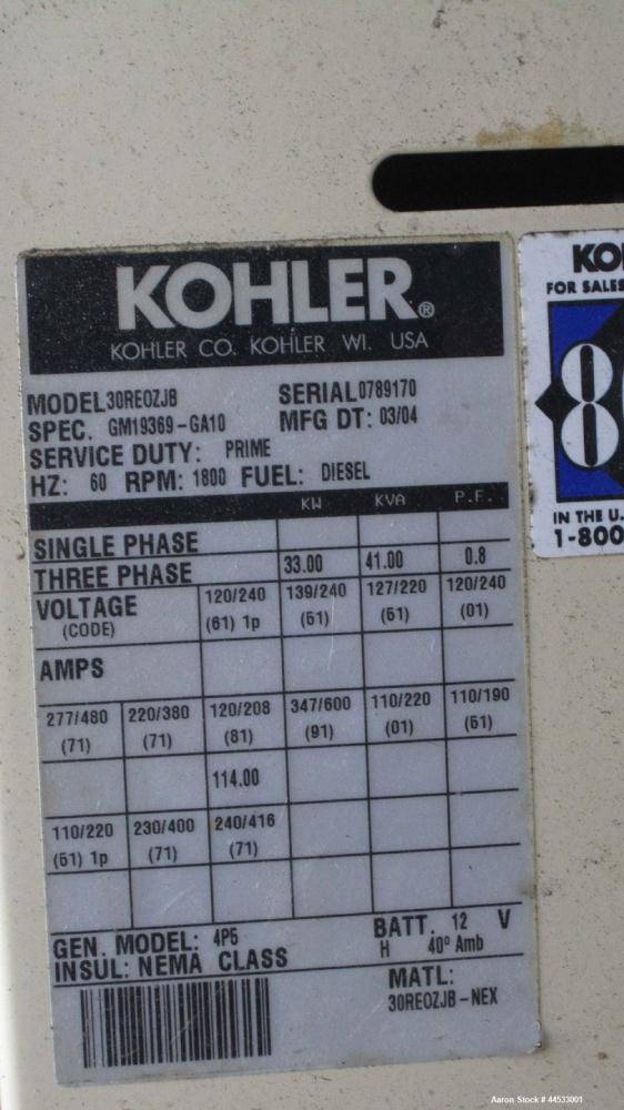 Used Kohler 33 kW prime rated, portable / trailer mounted, diesel generator set, model 30REOZJB SN- 0789170. John Deere 3029TF150 engine rated 64 HP @ 1800 RPM, SN-PE3029T335146. 3/60/120/208V and 1/...