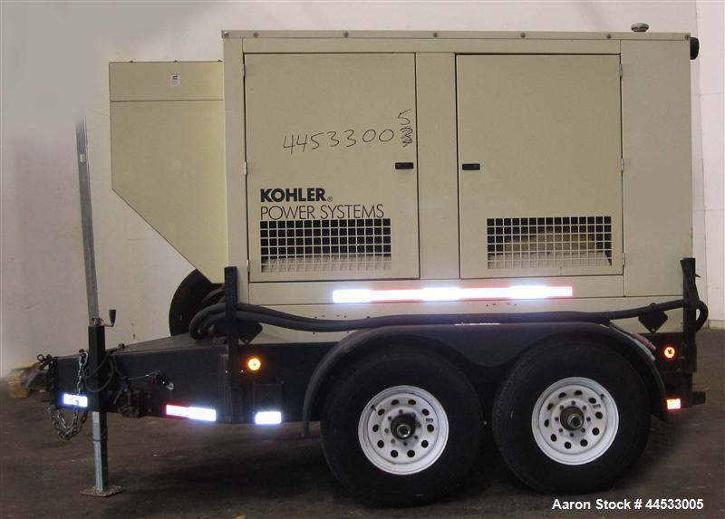 Used Kohler 33 kW prime rated, portable / trailer mounted, diesel generator set, model 30REOZJB, SN-0792225.  John Deere 3029TF150 engine rated 64 HP @ 1800 RPM, SN-PE3029T348236.  3/60/120/208V and ...