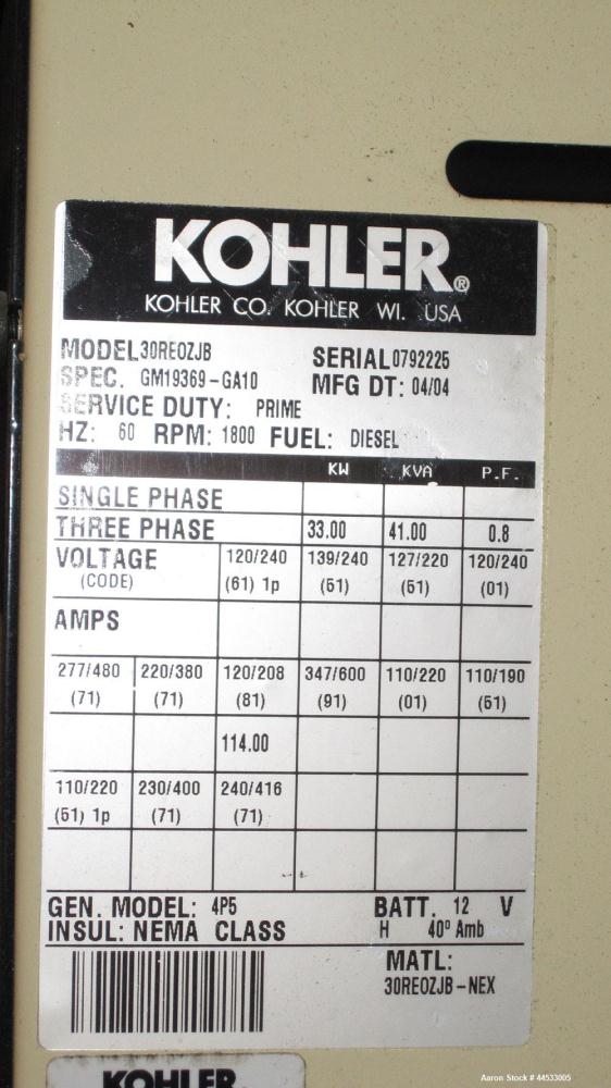 Used Kohler 33 kW prime rated, portable / trailer mounted, diesel generator set, model 30REOZJB, SN-0792225.  John Deere 3029TF150 engine rated 64 HP @ 1800 RPM, SN-PE3029T348236.  3/60/120/208V and ...