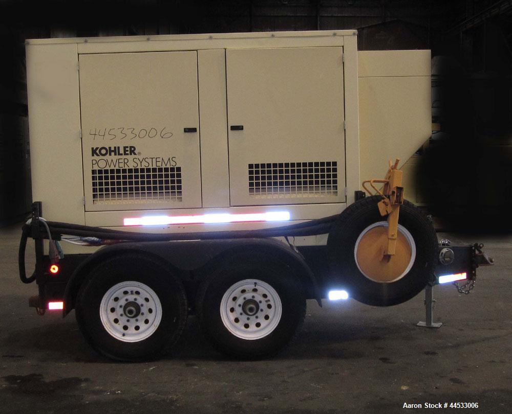 Used Kohler 33 kW prime rated portable / trailer mounted, diesel generator set, model 30REOZJB, SN-0793273. John Deere 3029TF150 engine rated 64 HP @ 1800 RPM, SN-PE3029T337680. 3/60/120/208V and 1/6...