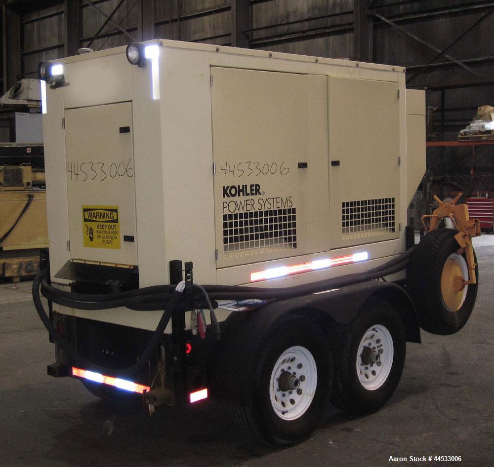 Used Kohler 33 kW prime rated portable / trailer mounted, diesel generator set, model 30REOZJB, SN-0793273. John Deere 3029TF150 engine rated 64 HP @ 1800 RPM, SN-PE3029T337680. 3/60/120/208V and 1/6...