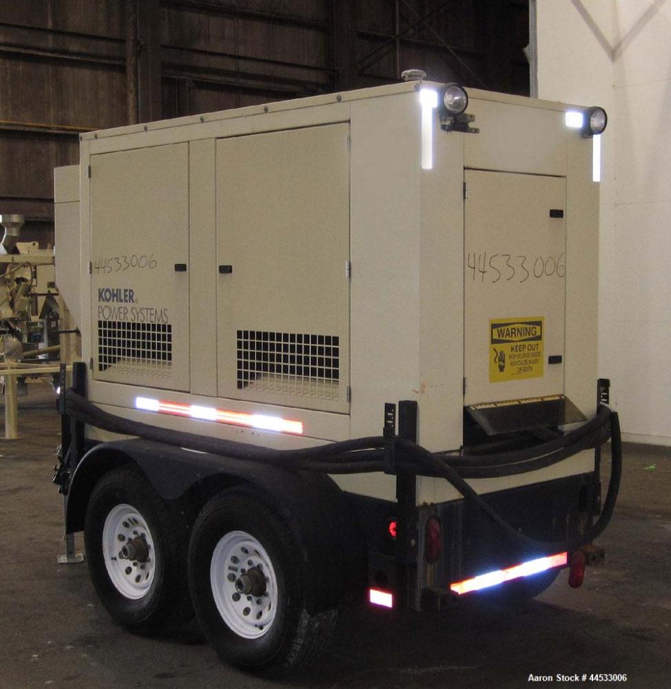 Used Kohler 33 kW prime rated portable / trailer mounted, diesel generator set, model 30REOZJB, SN-0793273. John Deere 3029TF150 engine rated 64 HP @ 1800 RPM, SN-PE3029T337680. 3/60/120/208V and 1/6...