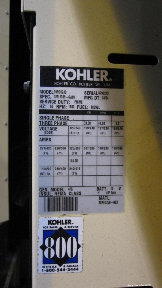 Used Kohler 33 kW prime rated portable / trailer mounted, diesel generator set, model 30REOZJB, SN-0793273. John Deere 3029TF150 engine rated 64 HP @ 1800 RPM, SN-PE3029T337680. 3/60/120/208V and 1/6...
