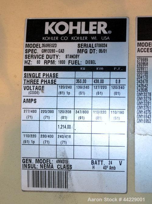 Used Kohler 350 kW standby diesel generator set, model 350REOZD SN-0706034. Detroit Diesel Series 60 (4-stroke) engine rated 550 HP at 1800 RPM. 3/60/277/480V, currently set up @ 480V, 12 lead reconn...