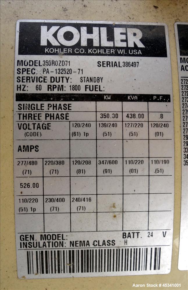 Used Kohler 350 kW standby diesel generator set, model 350ROZD71 SN-386497. Detroit Diesel 8V-92TA engine rated 568 HP @ 1800 RPM, SN-08VF173210. 3/60/277-480V. PMG Permanent magnet generator. 600 Am...