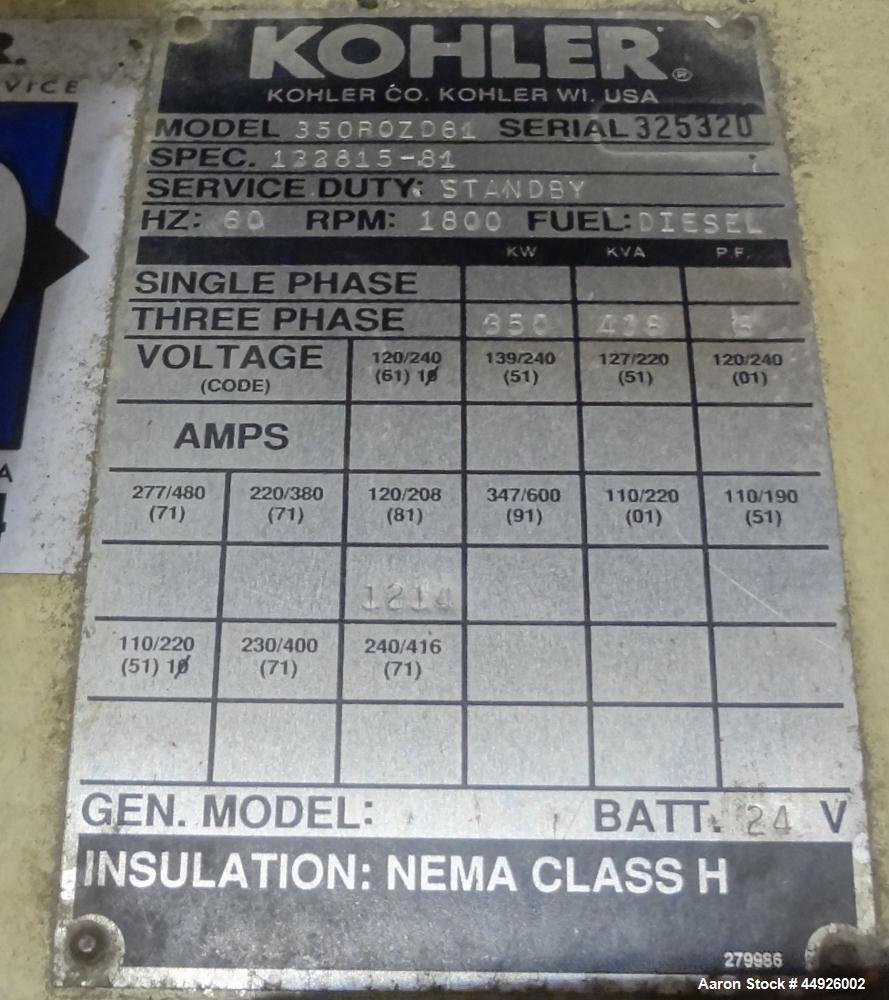 Used Kohler 350kW Standby Diesel Generator Set, Model 350ROZD81