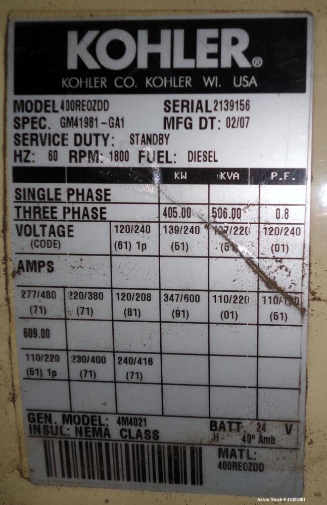 Used Kohler 405 kW Standby (365 kW Prime) Diesel Generator Set, model 400REOZDD, SN-2139156. Detroit Diesel S60 4-cycle engine rated 635 hp at 1800 RPM, SN-06R0968607, emissions EPA Tier 3 certified....