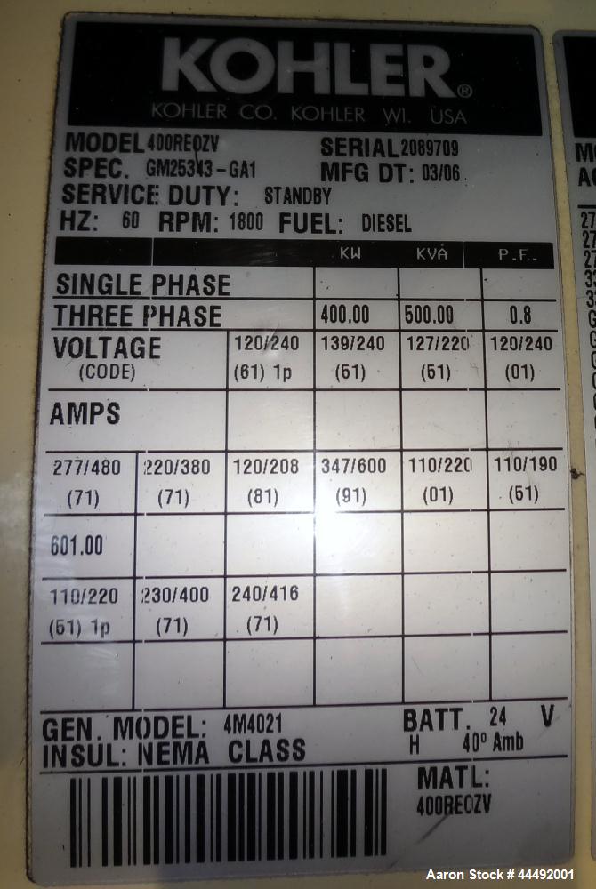 Used Kohler 400 kW Standby Diesel Generator Set, Model 400REOZV, Serial #2089709.  Volvo TAD1242GE engine rated 602 hp @ 1800 rpm, emissions EPA Tier 2.  3/60/277/480V, 12-lead reconnectable.  400 Am...