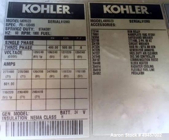 Used KOHLER 400KW Standby Diesel Generator, Model 400ROZD.