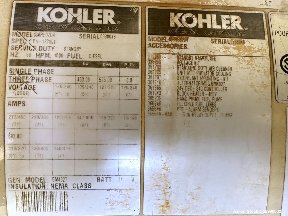 Kohler 460 kW Standby (415 kW prime) Diesel Generator Set