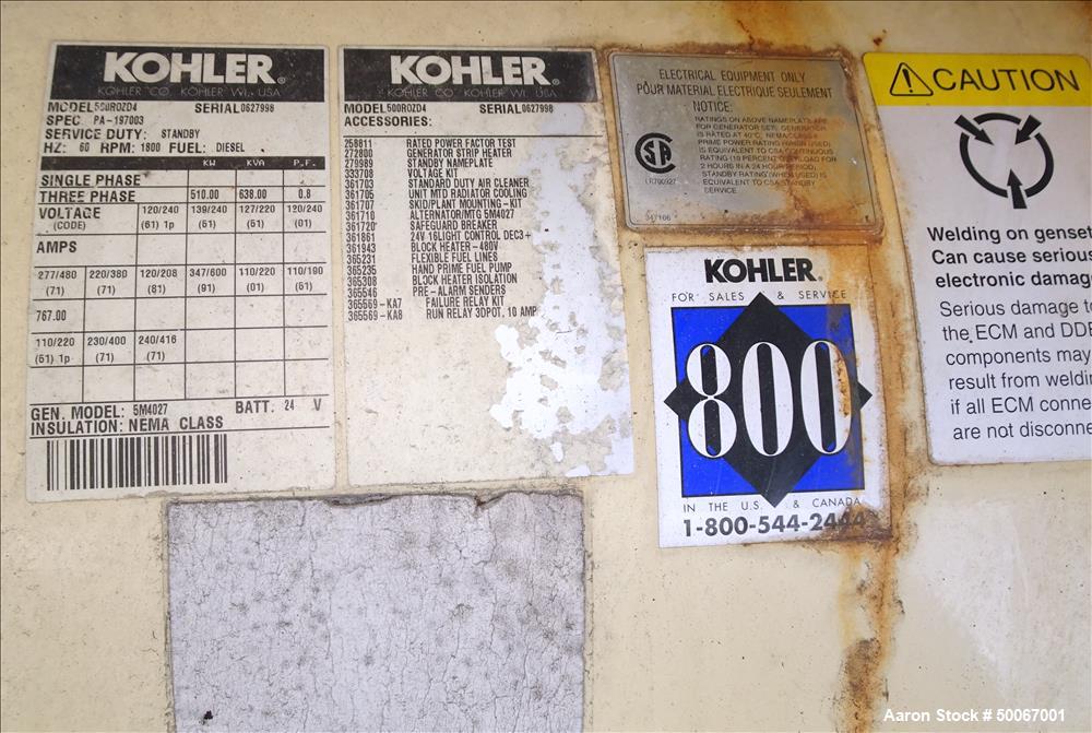 Used- Kohler 500 kW Standby Diesel Generator Set