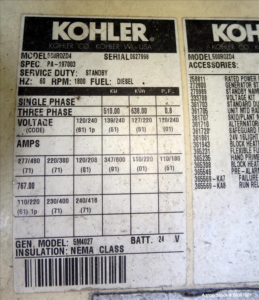 Used Kohler 500 kW Standby Diesel Generator Set