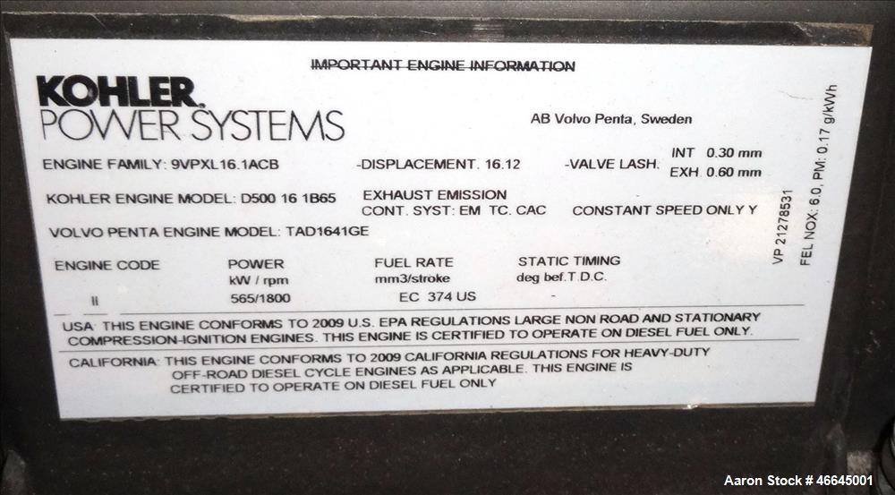 Used Kohler / Volvo 505 kW Standby Diesel Generator Set