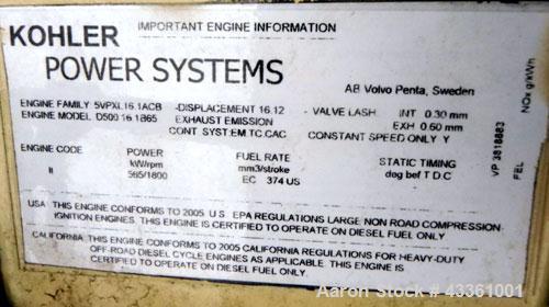 Used Kohler 475 kW diesel generator set, Model 500REOZV, SN-2063752. Volvo model TAD1641GE D500 16.1B65 4-cycle turbocharged engine rated 757 HP @ 1800 RPM, EPA Tier II certified. 3/60/120/208/277/48...