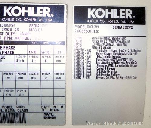 Used Kohler 475 kW diesel generator set, Model 500REOZV, SN-2063752. Volvo model TAD1641GE D500 16.1B65 4-cycle turbocharged engine rated 757 HP @ 1800 RPM, EPA Tier II certified. 3/60/120/208/277/48...
