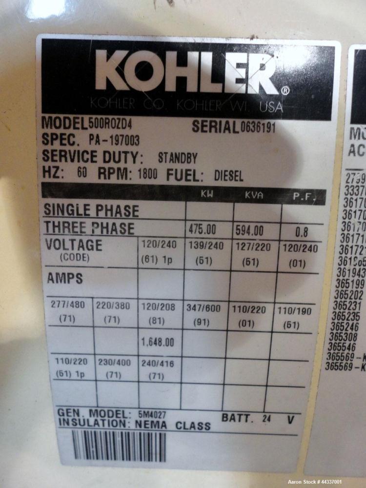 Used MTU / Kohler 475 kW Diesel Generator, Model 500ROZD4.
