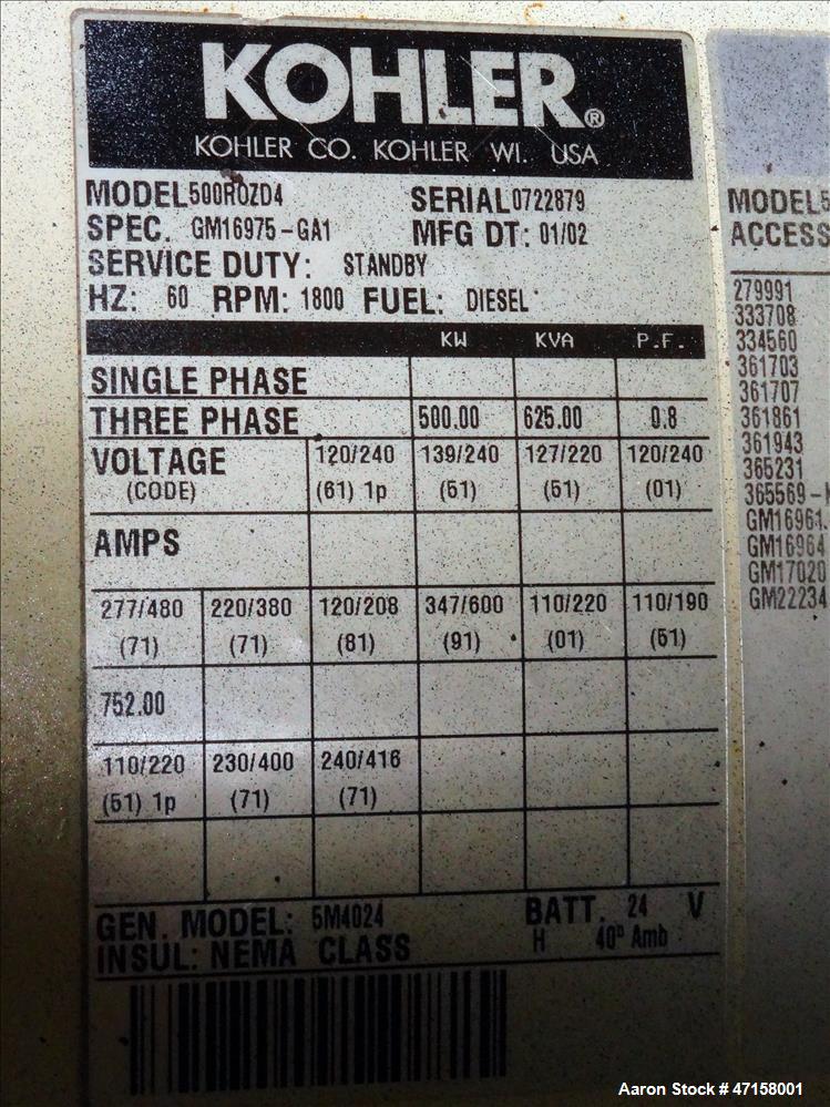 Used-Kohler 500 kW portable diesel   generator. MTU / Detroit Diesel 8V2000