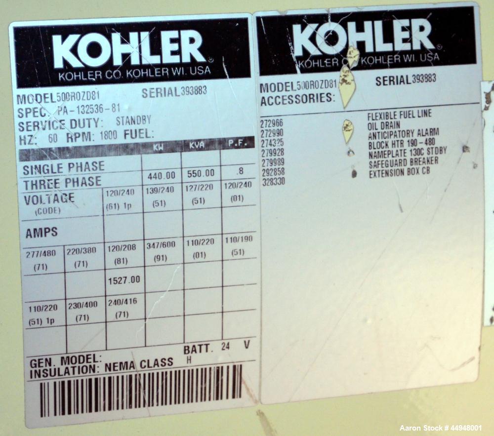 Used Kohler 440 kW Standby (400 kW Prime) Diesel Generator Set, Model 500ROZD81, Serial #393883. Detroit Diesel engine model 12V-92TA, rated 830 hp @ 1800 rpm, serial #12VFO13118. 3/60/120/208V, reco...