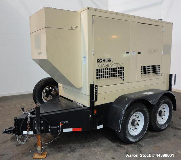 Used Kohler 62 kW Standby (57kW prime) Diesel Generator Set, trailer mounted, model 60REOZJB, serial #2131576.  John Deere 4045TF270 engine rated 110 hp at 1800 rpm, serial #PE4045T593273, emissions ...