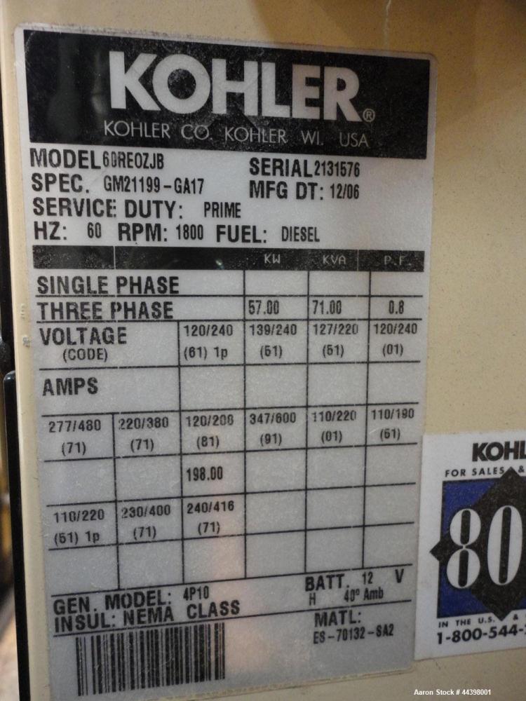 Used Kohler 62 kW Standby (57kW prime) Diesel Generator Set, trailer mounted, model 60REOZJB, serial #2131576.  John Deere 4045TF270 engine rated 110 hp at 1800 rpm, serial #PE4045T593273, emissions ...