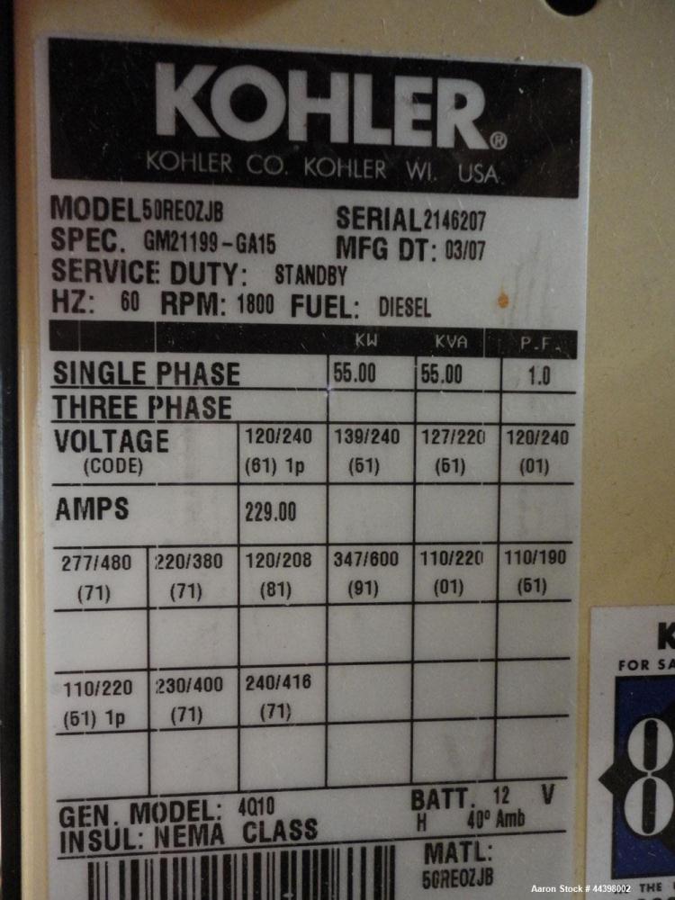 Used Kohler 55 kW Standby (50 kW prime) Diesel Generator Set, trailer mounted, model 50REOZJB, serial #2146207. John Deere 4045TF270 engine rated 110 hp at 1800 rpm, serial #PE4045T656683, emissions ...